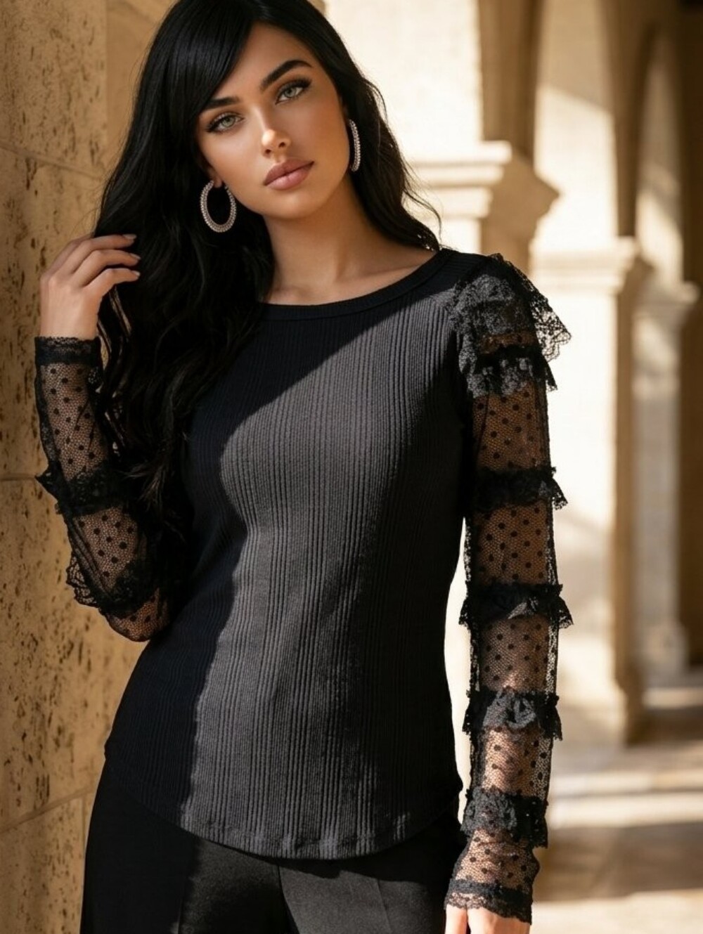 Free People Black Ribbed Top with Sheer Lace Dot Sleeves #LS9